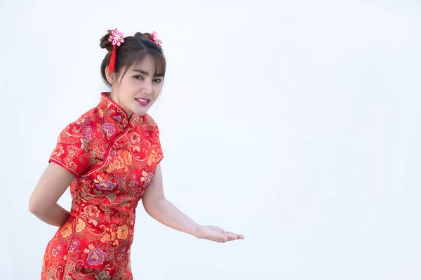 Portrait Beautiful Asian Woman Cheongsam Dress White Background Thailand People — Stok Foto
