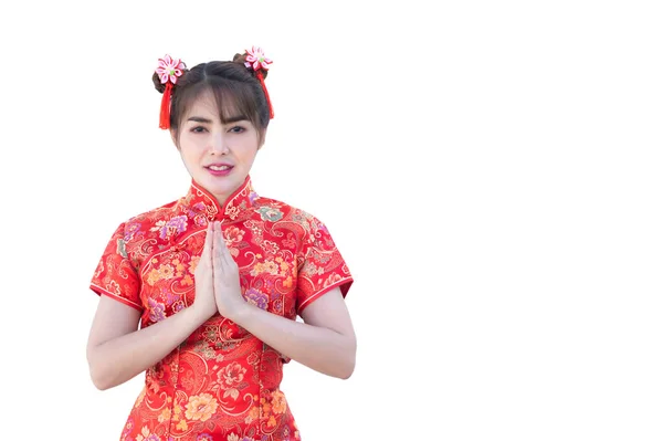 白い背景に青サムのドレスの肖像画の美しいアジアの女性 タイの人々 幸せな中国の新年のコンセプト 中国の伝統的なドレスの幸せなアジアの女性 — ストック写真