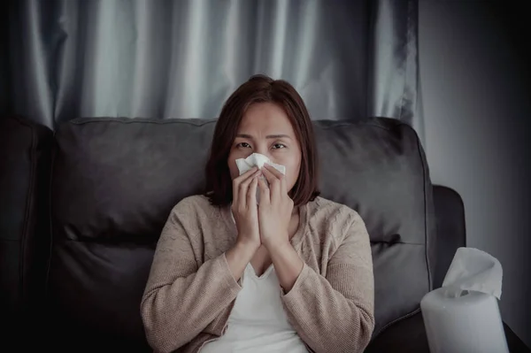 Asian Sick Woman Sit Sofa Stay Home Woman Felt Bad — Stock Photo, Image