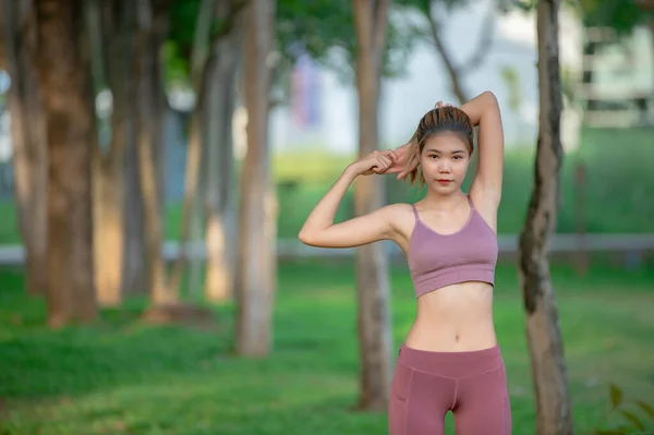 Asian Beautiful Slim Woman Park Young Girl Love Healthy Exercise — Fotografia de Stock