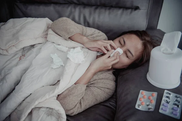 Asian Sick Woman Sit Sofa Stay Home Woman Felt Bad — Stock Photo, Image