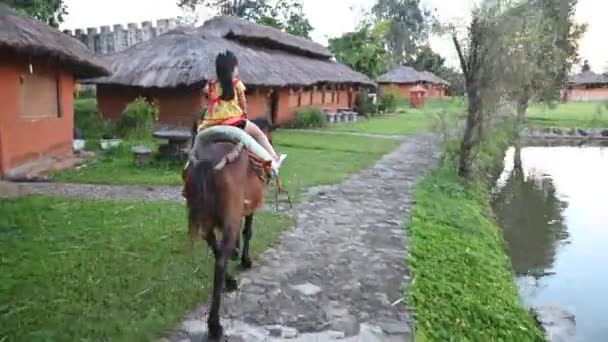 Klein Meisje Paardrijden Traditionele Aziatische Stad — Stockvideo