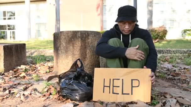 Asian Man Homeless Side Road Stranger Has Live Road Alone — Stock video