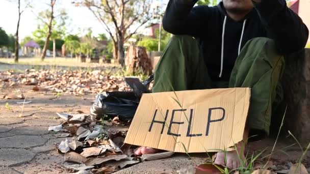 Asian Man Homeless Side Road Stranger Has Live Road Alone — Stock Video