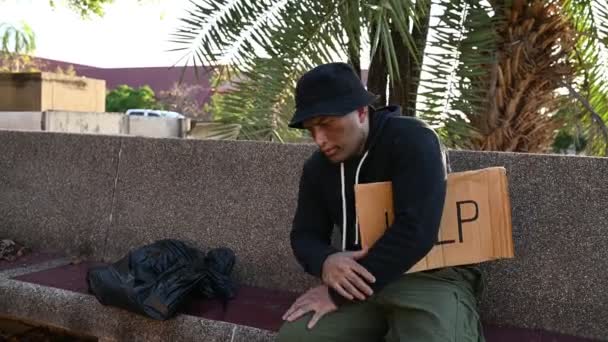 Asian Man Homeless Side Road Stranger Has Live Road Alone — Vídeo de stock
