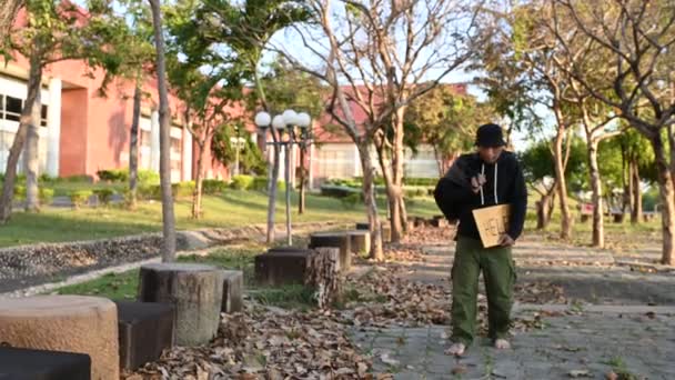 Asian Man Homeless Side Road Stranger Has Live Road Alone — Vídeos de Stock