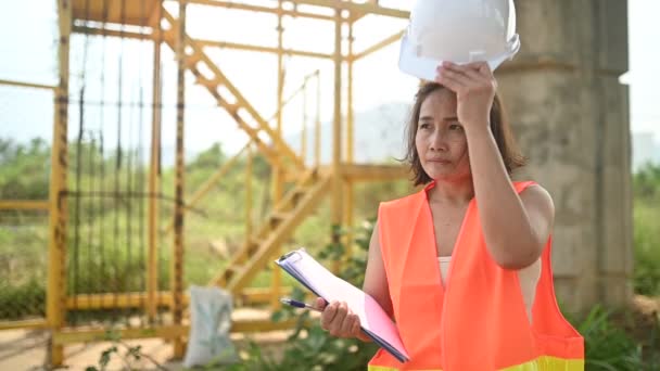 Asian Female Engineer Works Motorway Bridge Construction Site Civil Worker — Stock video