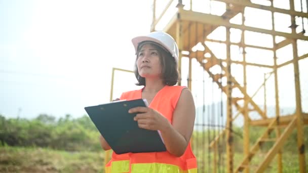 Asian Female Engineer Works Motorway Bridge Construction Site Civil Worker — Stockvideo