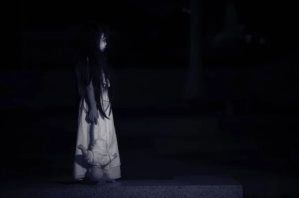 Sad Child Ghost Night Halloween Festival Concept Friday 13Th Horror — Zdjęcie stockowe