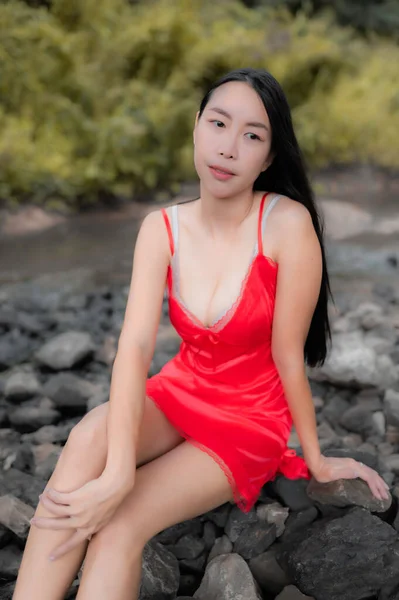 Portrait Sexy Asian Woman Waterfall Feeling Fresh River Thai Female — Stock Photo, Image