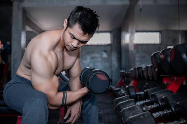 Spor salonunda çalışan yakışıklı, ağırlık kaldıran Asyalı bir adam spor müsabakası için ağırlık kaldırıyor sırt kası çalıştırmak için halteri kaldırıyor.