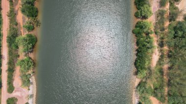A bird's-eye view of the river and mangrove forest from a drone.