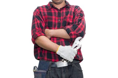 Beyaz arkaplan, Tayland halkı ve Larbor Günü konsepti üzerinde çalışan Asyalı teknisyen