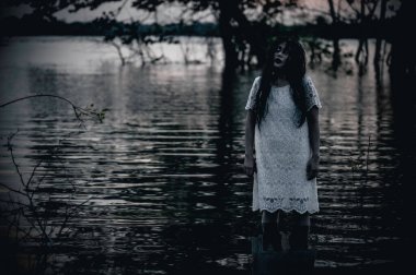 Portrait of asian woman make up ghost face at the swamp,Horror in water scene,Scary at river,Halloween poster,Thailand people