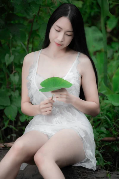 Portrait Sexy Asian Woman Waterfall Feeling Fresh River Thai Female — Fotografia de Stock