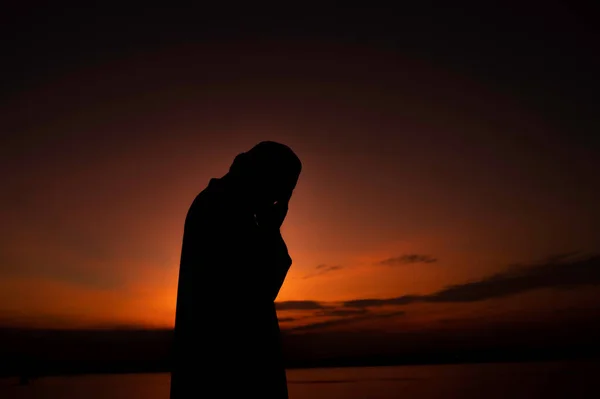Silhouette Young Asian Muslim Man Praying Sunset Ramadan Festival Concept — Stock Photo, Image