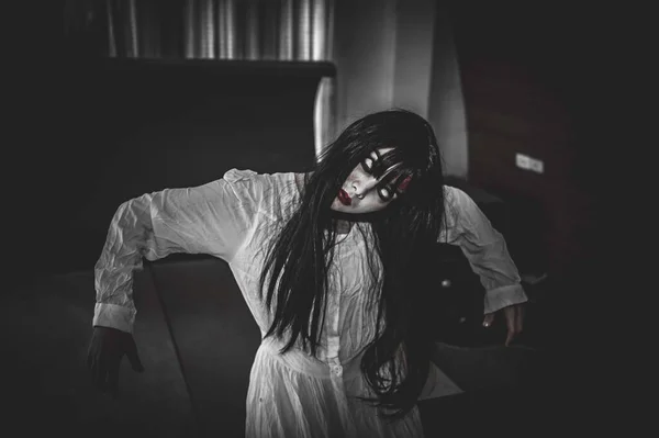 Portret Van Aziatische Vrouw Make Geest Enge Horror Scène Voor — Stockfoto