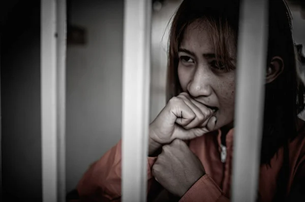 Hands Women Desperate Catch Iron Prison Prisoner Concept Thailand People — Stock Photo, Image