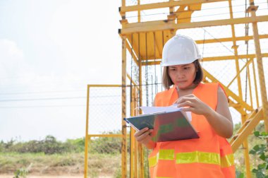 Otoyol köprüsü şantiyesinde çalışan Asyalı bir kadın mühendis inşaat çalışmalarını denetliyor.