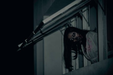 Asyalı kadın portresi kanla, korku sahnesiyle, korkunç geçmişiyle, Cadılar Bayramı posteriyle, Taylandlı insanlarla dolu.