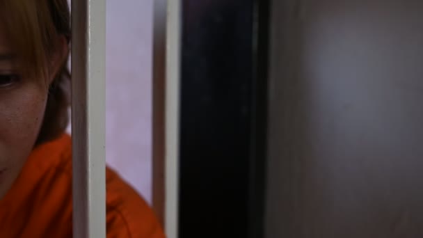 Портрет Жінки Яка Відчайдушно Зловила Залізну Язницю Концепцію Полонених Таїландців — стокове відео