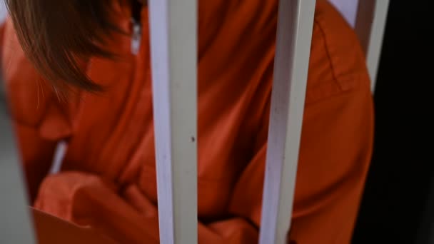 Portrét Ženy Která Zoufale Snaží Chytit Železnou Věznici Vězeňský Koncept — Stock video
