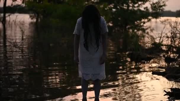 Portrait Asian Woman Make Ghost Face Swamp Horror Water Scene — Wideo stockowe