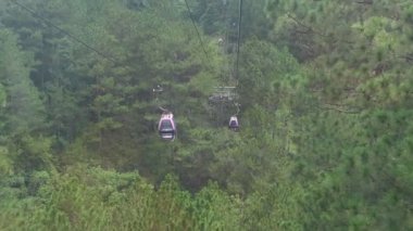 Dağlardaki yeşil ormanın üzerinden geçen kablo araba.