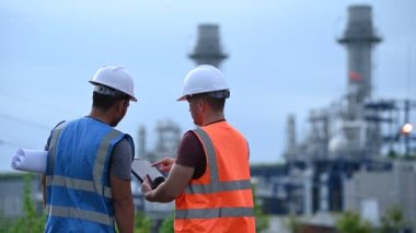 Elektrik santralinde çalışan iki mühendis, birlikte mutlu bir şekilde çalışıyorlar, sorunu çözümlemede birbirlerine yardım ediyorlar, kalkınma yönergeleri hakkında danışmanlık yapıyorlar.