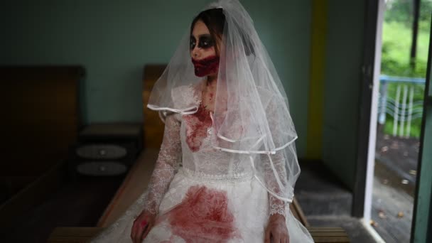 Портрет Азиатской Женщины Макияж Призрак Лицо Кровью Сцена Ужаса Страшный — стоковое видео
