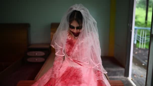 Portret Azjatki Tworzą Twarz Ducha Krwią Scena Horroru Przerażające Tło — Wideo stockowe
