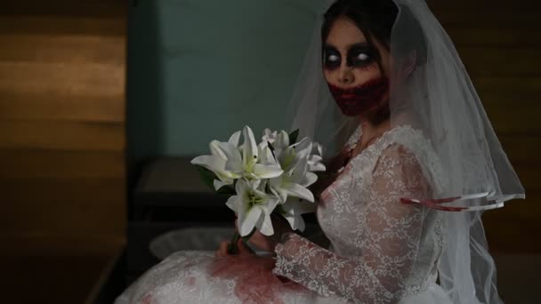 Ritratto Donna Asiatica Compongono Volto Fantasma Con Sangue Scena Orrore — Video Stock