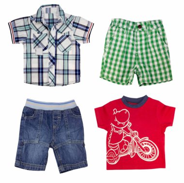 çocuk giyim üzerine beyaz izole kolaj.