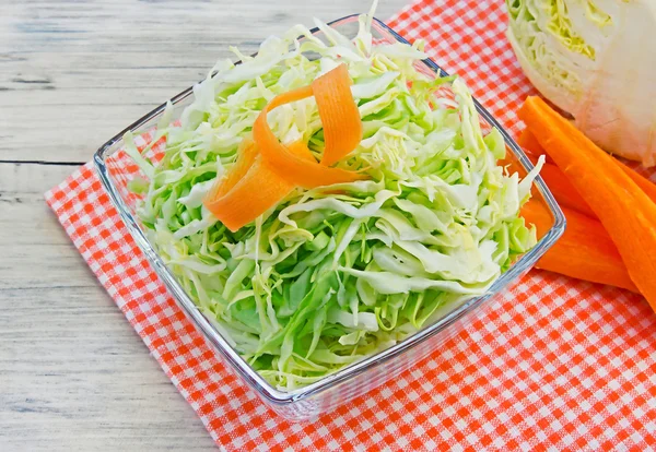 Bowl of green cabbage salad decorated with carrot. — Stock Photo, Image