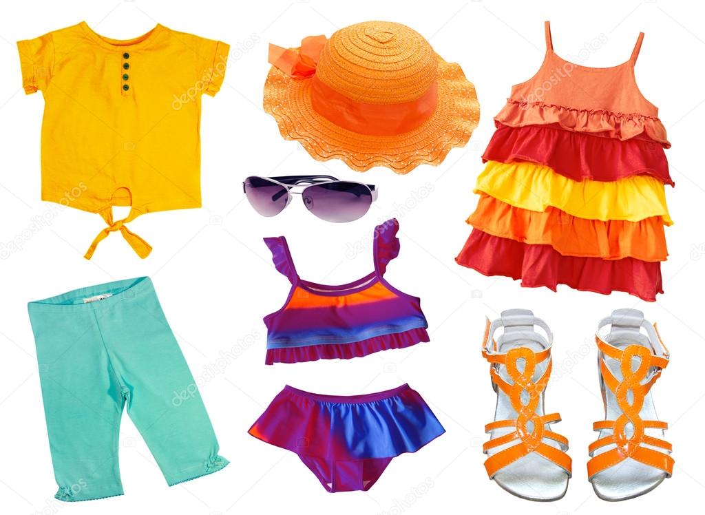 Summer clothing and accessories isolated on white. Kid clothes c Stock  Illustration by ©NYS #46042277