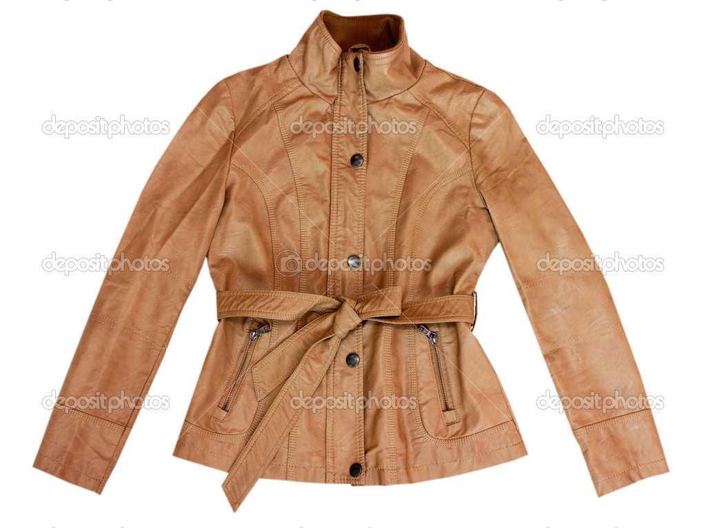 Leather female brown leather jacket. Isolated on white.