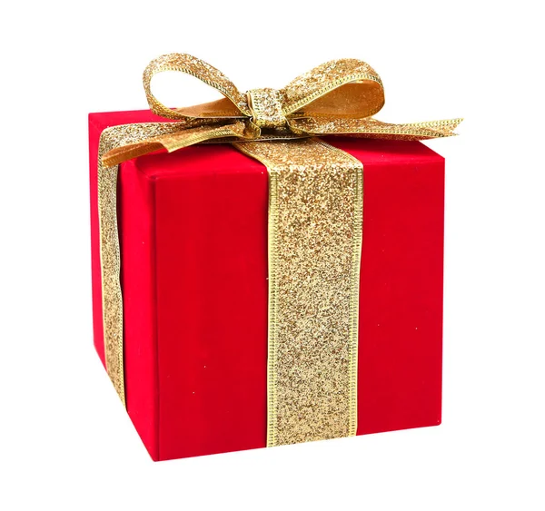 Red Present Box Golden Bow Isolated Luxury Christmas Gift New — Stock Photo, Image
