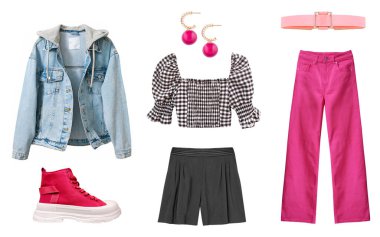 Moda kıyafetleri. Kızın kıyafetleri izole edilmiş. Kadın giyim seti. 