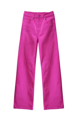 Beyaz, Fuchsia renginde kot pantolon. Moda kıyafetleri. Pembe pantolon. Moda kadın kıyafetleri..