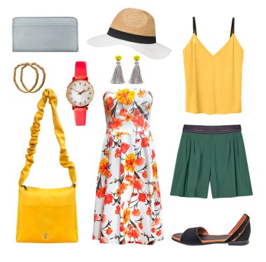 Yazlık kadın kıyafetleri beyazda izole edilmiş. Kadın kıyafetleri seti. Kadın kıyafetleri koleksiyonu. Kız giysisi. Sarı turuncu giysi.