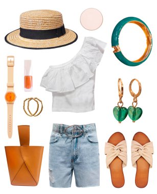 Yaz kadın giysileri izole edilmiş. Kadın kıyafetleri kolajı. Kız giysisi koleksiyonu. Kot şort ve bluz. Moda giysiler.