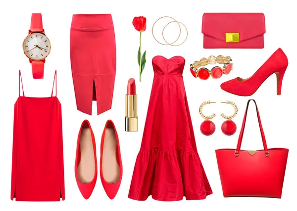Czerwone Damskie Ubrania Odizolowane Biało Glamour Damska Odzież Akcesoria Świąteczne — Zdjęcie stockowe