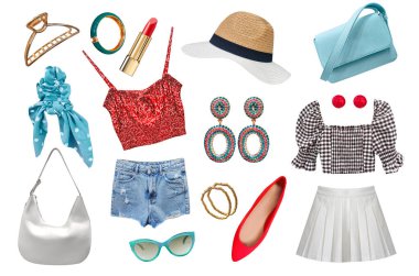 Güzel kadın kıyafetleri beyaz üzerine izole edilmiş. Yazlık kıyafetler, şık kıyafetler. Kızın vofue kıyafeti. Parlak renkli giysi ve aksesuar koleksiyonu..