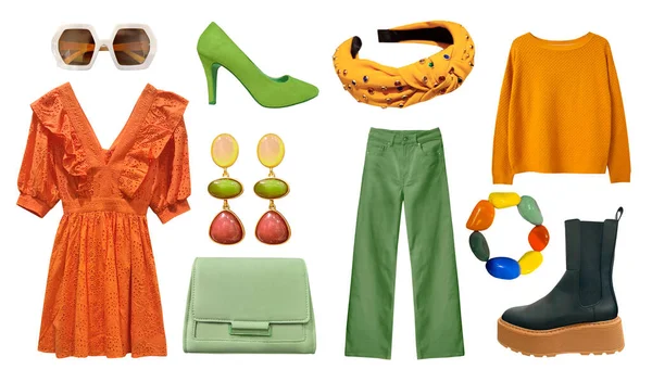 美しい女性の服は白に隔離された設定 現代の緑のオレンジの服のコラージュ 女の子のアパレルのコレクション 秋の着こなし — ストック写真
