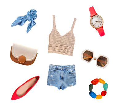 Summer clothes set isolated. Women's apparel. Collection of  clothing and accessories. Lady's outfit. Trendy wear.
