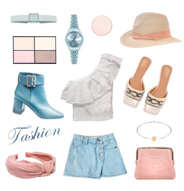 Summer female clothing. Fashion women's clothes set isolated on white. Soft colors apparel. Trendy girl's garment collection. Pink and blue outfit..