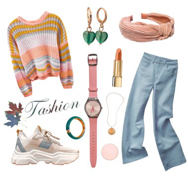 Beautiful sweater and jeans set of clothing. Women clothes collection isolated on white. Autumn knitted apparel. Trendy garment,accessories. Casual warm female object to wear.