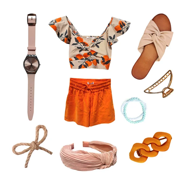 Beautiful summer orange color clothing set. Women's apparel isolated.Collection of female clothes and accessories.Trendy shop collage.