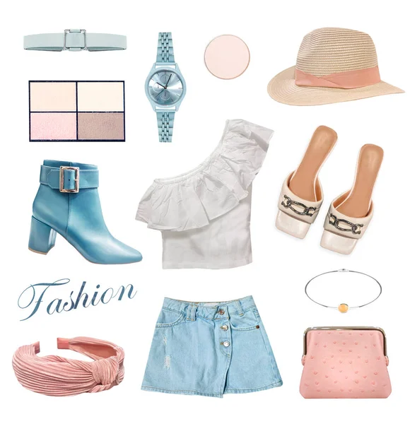 Summer female clothing. Fashion women's clothes set isolated on white. Soft colors apparel. Trendy girl's garment collection. Pink and blue outfit..