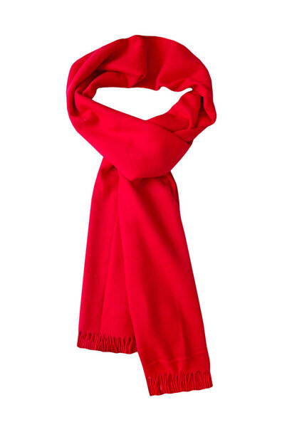 Красный шарф изолирован на белом. Элемент дизайна зимних праздников. Новогодний декор, символ Рождества, одежда санта.